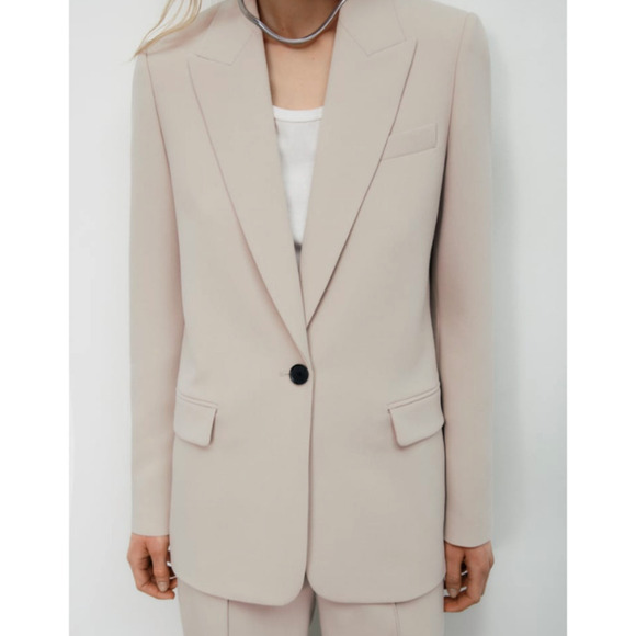 ZARA WOMEN'S  STRAIGHT CUT BLAZER WITH POCKETS STONE BEIGE SZ XL - Picture 1 of 10